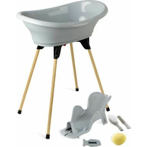 Thermobaby - Pack de bañera para bebé VASCO 7 En 1 - Bañera, pata de madera, Tubo de desagüe, hamaca de baño, Termómetro, Cepillo, Peine, Esponja - Plegable & Estable - Fabricado en Francia (1/4)