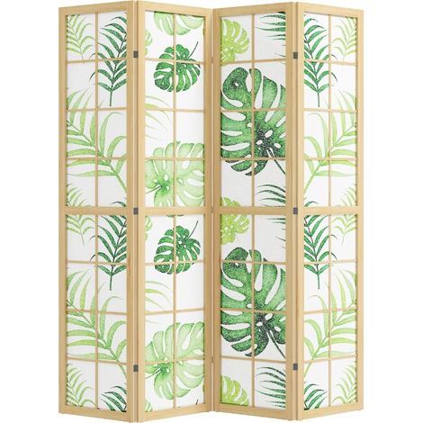 Paravent pliable 4 panneaux avec cadre bois pin et motif feuilles tropicales vertes, 170 cm de hauteur (1/5)