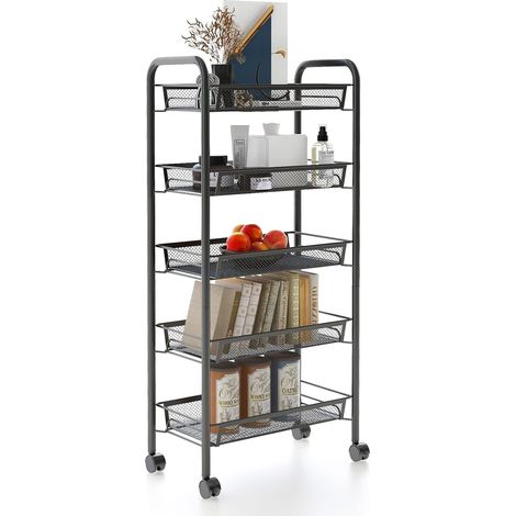 1 Chariot de 5 Niveaux, Fer Noir, 104x46x27 cm, Rangement Cuisine Salon (1/5)