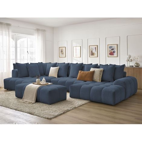 BOBOCHIC - Canapé panoramique convertible coffre EVEREST tissu chiné avec pouf Angle droit Bleu foncé (1/5)