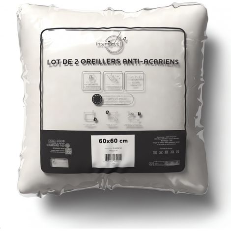 Soleil D Ocre – Lot de 2 oreillers carrés anti-acarien 60x60 cm – Enveloppe en TNT – Garnissage 100% polyester – Fabrication européenne