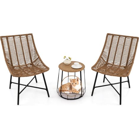 COSTWAY 3 Piece Outdoor Furniture Set Heavy Duty Patio Chairs w/Pet House-Brown (1/5)