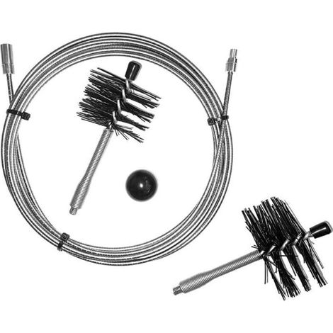 Kit de nettoyage pour cheminée Poêle à granulés : 1 rallonge inox plastifié de 6 mètres, 2 brosses en nylon haute performance (80 et 100 mm), et 1 bouton pour tartre plus compact. (1/3)