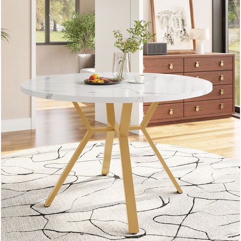 Tavolo da pranzo rotondo 100 cm, effetto marmo bianco, base X dorata HAVRYA (1/5)