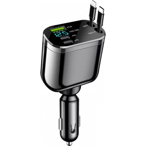 Chargeur Voiture - 120 W - Prise Allume-Cigare - USB C - Adaptateur 5-en-1 Rétractable - Compatible 12 V 24 V - 1 Pièce (1/5)