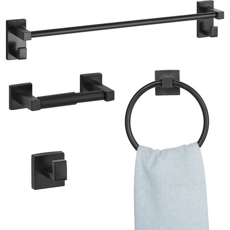 Accessoires de Salle de Bain 4PCs, Porte Serviettes Mural en Inox 59,5 cm avec Anneau Porte-serviette, Crochet pour Peignoir et Porte-papier Toilette, Kit de Quincaillerie de Bain, Noir Mat (1/5)