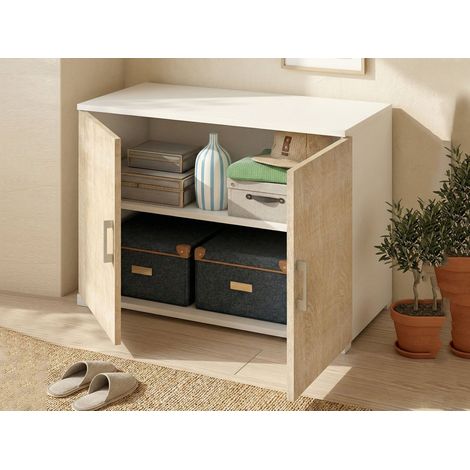 Dmora - Armario multiusos Darc, Mueble lineal de 2 puertas batientes con balda, Muebles de entrada, zapatero moderno, 100% Made in Italy, 90x45h66 cm, Roble y Blanco (1/5)