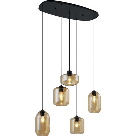 QAZQA Moderno Lámpara colgante moderna negra con cristal ámbar 5 luces - Sheena Metálica /Vidrio Ovalada Adecuado para LED Max. 5 x 15 Watt
