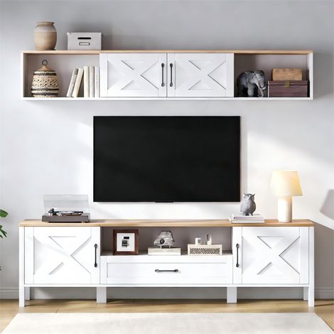 Ensemble meuble TV 2 pièces 180x40x50 cm avec meuble bas vitrine murale 4 placards 1 tiroir pour TV 80 pouces blanc moderne chic