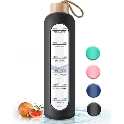 Bouteille d'eau en verre avec couvercle en bambou - Gourde de sport de 1000 ml avec indicateur de temps, housse en silicone anti-écrasement réutilisable pour le fitness, la salle de sport et les activ (1/5)