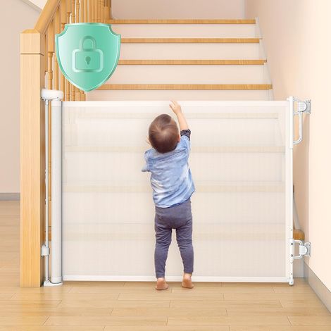 Barrière Sécurité, Verrouillage Auto, Rétractable, Blanc, 140cm Enfant, Escalier, Chien, Une Main, Couloir, Cuisine, Intérieur, Extérieur (1/5)