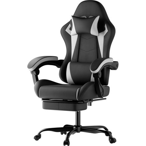 Chaise de jeu ergonomique avec coussin lombaire et appui-tête, réglable en hauteur, pour adultes, filles et garçons, noir et blanc. (1/5)