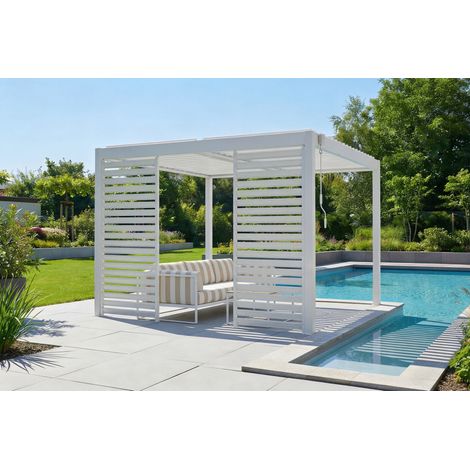 Pergola bioclimatique autoportée 3x3m PIANA aluminium blanc avec 2 persiennes brise-vue
