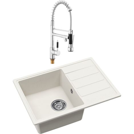 Swiss Aqua Technologies 62x44 cm Granit-Einbauspüle mit umkehrbarem Abtropfbecken + Schwenkarm-Mischbatterie, 2-strahlig, weiß (SATSINKGE2W-SET2)