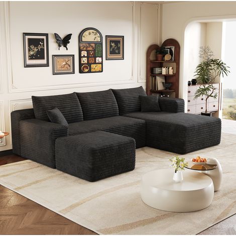 Canapé d'angle 241 cm noir en tissu côtelé modulaire sans montage (1/5)