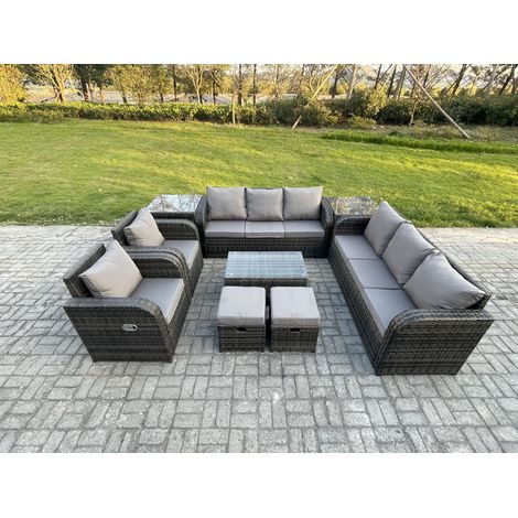 Fimous Ensemble de canapés en rotin avec Canapé 3 places Chaise inclinable 2 Petits tabourets Canapé 3 places 2 Tables d'appoint Gris foncé mixte (1/5)