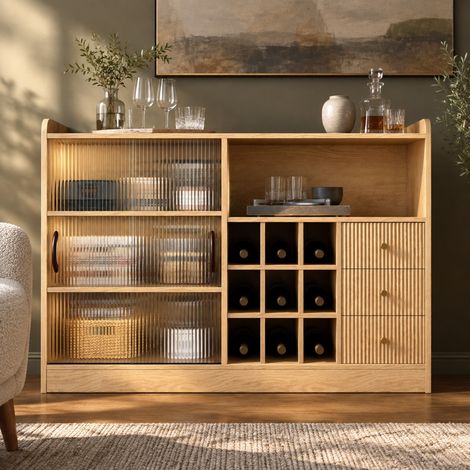 Mobile contenitore da 120 cm con LED, porte scorrevoli in vetro e portabottiglie OKMYHOME (1/5)