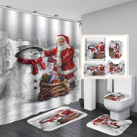 Merry Christmas 4-Piece Bathroom Curtain Set, Waterproof Santa Claus Shower Curtain, Toilet Cover, Non-Slip Mat, Home Decor Rug (1/4)