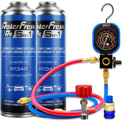 Pack gas refrigerante 2 botellas Ralerfresh RC R134A 5en1 500ml con Manometro RF31, llave y conector rápido