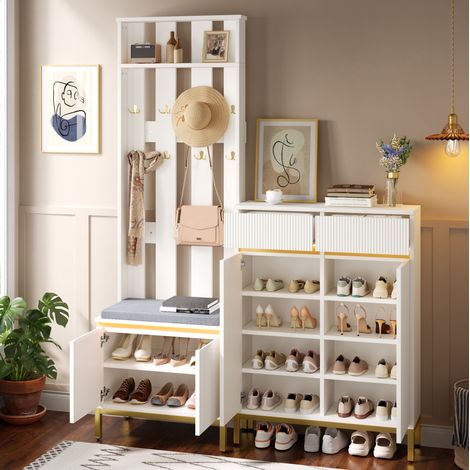Set guardaroba da ingresso con scarpiera, panca, ganci e luci LED Bluetooth, in MDF bianco (1/5)
