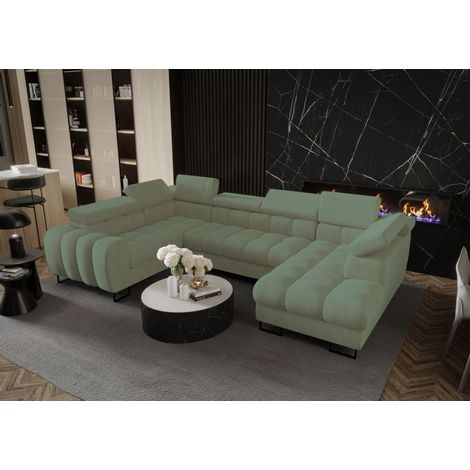 Wohnlandschaft Schlafsofa BASTIEN in Stoff Terra Mintgrün Ottomane Rechts