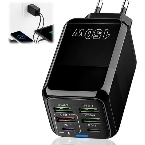 150W 6-Port Fast Multi-USB Charger (2 USB-C + 4 USB-A) USB-C Plug Adapter for iPhone 17, 16, 15, 14, 13, Pro Max, Compatible with iPad, Huawei, Xiaomi, MacBook, Samsung S25, S24 (1/5)