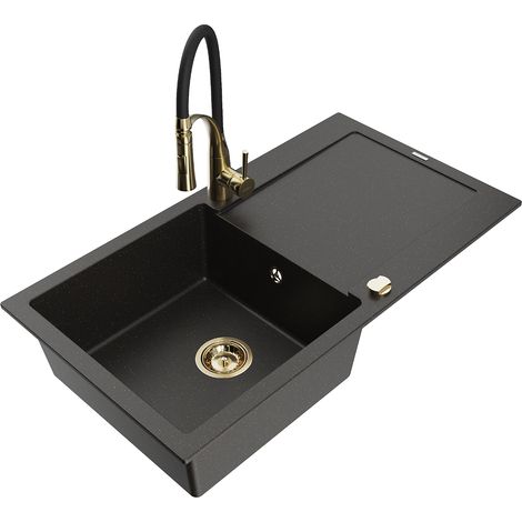 Mexen Leo lavello in granito a 1 vasca con scolapiatti e rubinetto da cucina Aster, nero/oro metallizzato - 6501-75-73450-57-G (1/5)