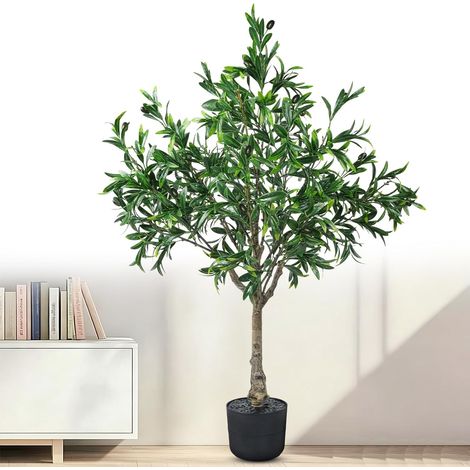 Oliviers artificiels pour intérieur et extérieur, 1 m, olivier artificiel en pot, grandes plantes d'olivier avec jardinière, tronc d'olivier naturel, feuilles de fruits réalistes pour la maison (1/5)