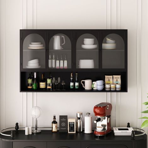 Armario de pared de cristal de cuatro puertas, 120 cm de ancho, cristal gris, para cocina, salón, baño, negro (misma referencia: W2552P246540) (1/5)