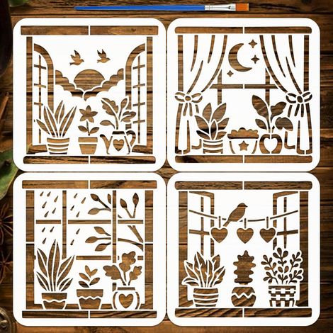 4PCS Pochoirs Appui de Fenêtre 20x20cm avec un Pinceau Pochoir Peinture Plantes en Pot Modèles de Dessin Scène de Fenêtre Réutilisable PET Pochoir pour DIY Décor Maison Artisanat (1/5)