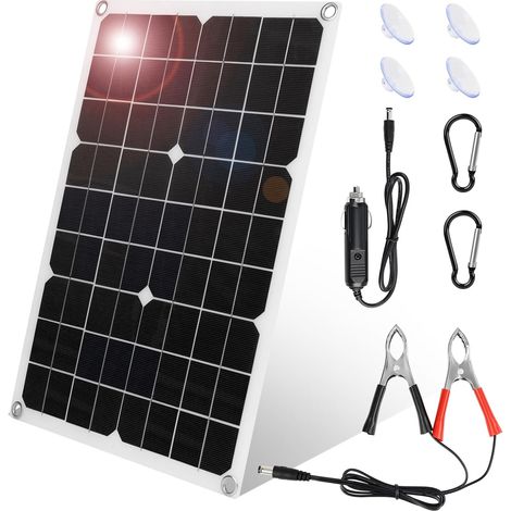18W Chargeur de Batterie de Voiture Solaire 2 Ports USB, Chargeur d'entretien Solaire Portable, Chargeur d'entretien Solaireavec Allume-Cigare ou Pinces Crocodile pour RV, Bateau, Moto (1/5)