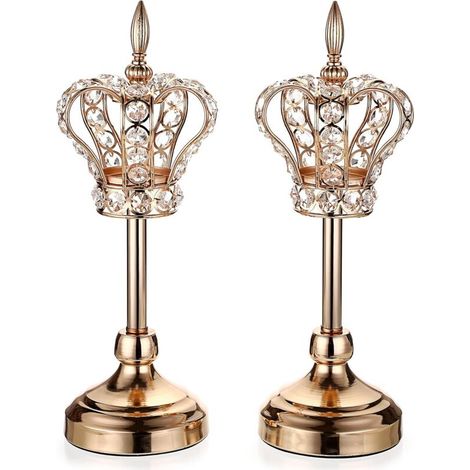 Pack of 2 metal candlesticks, crown candle holders, decoration for home, wedding (golden)