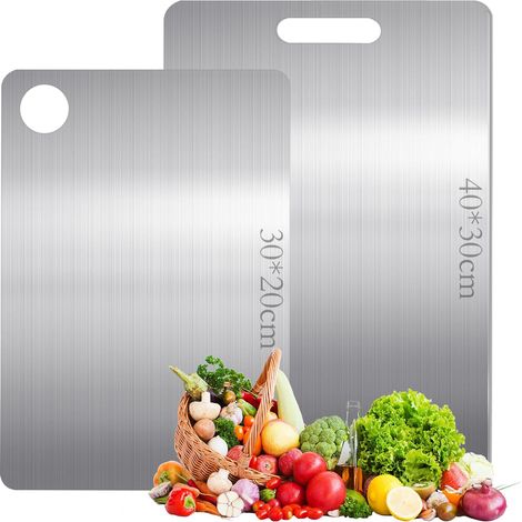 2 Pièces Planche à découper, Titane double face, Acier inoxydable 304, Pour viande et légumes (1/5)