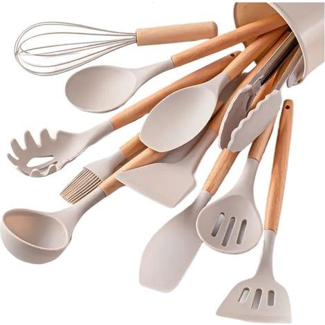 Set of 12 eco-friendly, non-stick, heat-resistant silicone and wood kitchen utensils - Spatula and spoon for frying pan