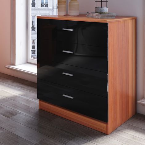ELEGANT 4 Spacious Drawer Chest Black/Walnut Modern High Gloss Nightstand with Metal Handles (1/5)