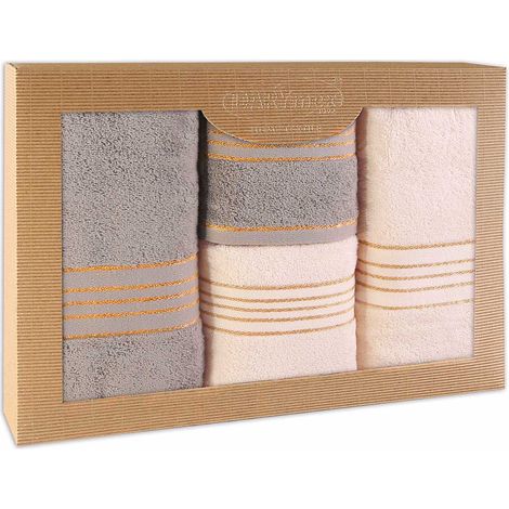 Juego de toallas de algodón, 4 piezas en una caja, 50x90 + 70x140, crema claro, gris ceniza (1/5)