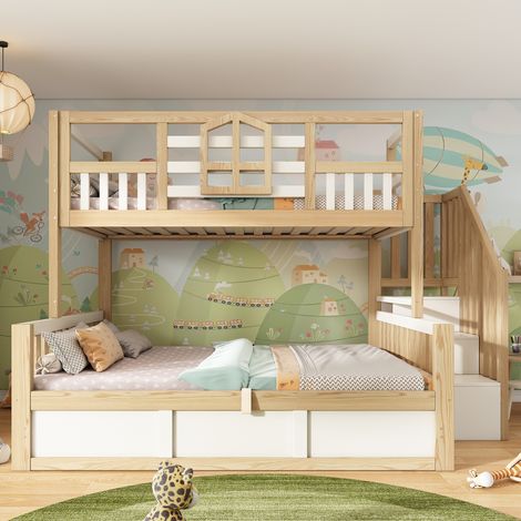 Lit superposé 90x200 et 140x200 cm, style cabane, fenêtre, barrières sécurité, escalier rangement, coffre hydraulique, norme EN747, pin, blanc et naturel (1/5)