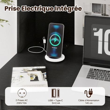 Bureau informatique noir avec étagère de rangement, prises USB et Type-C, gestion des câbles pour bureau, chambre et dortoir (1/5)