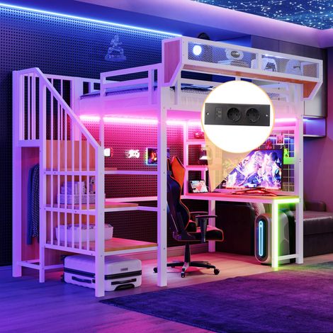 Cama alta infantil de 90x200 cm con iluminación LED, escritorio, estantes, toma de corriente y escalera de almacenamiento, metal blanco