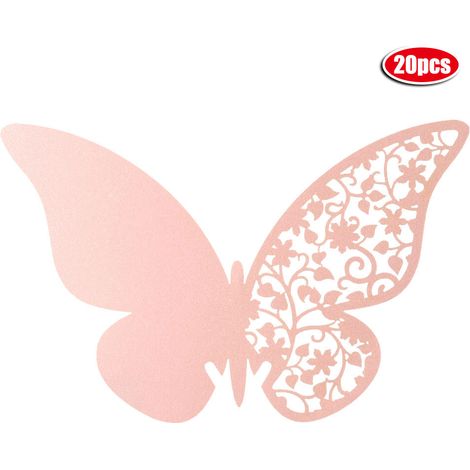 Lot 20 cartes place nom papillon mariage creux pour décoration table verre vin (Rose) (1/5)