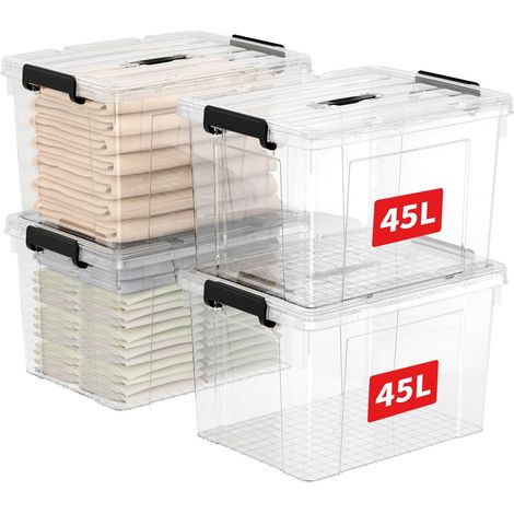 45L4 Boîte de Rangement, Bac de rangement avec Poignée, Plastique Organisateur avec Couvercle, Empilable, Transportable, pour Vêtements, Bureau, Chambre, Dortoirs, Transparent, 45L - Lot de 4 (1/5)