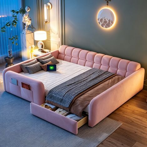 Lit enfant rembourré 140x200 cm avec tiroir de rangement, veilleuse, USB et USB-C, garde-corps, tête de lit canapé, sommier à lattes, velours rose (1/5)