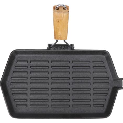 21 x 35 cm große Grillpfanne, faltbar und tragbar, aus antihaftbeschichtetem Gusseisen, mit Holzgriff, ideal zum Braten von Steaks. (1/5)