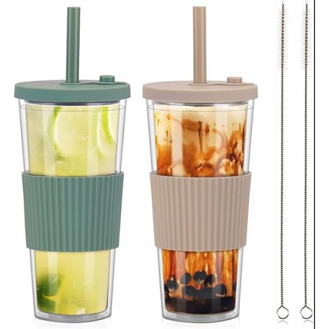 Bubble Tea Cup Boba Tumbler Drinking Glasses with Lid and Straw ml Double Wall Insulated Plastic Cup Reusable Leak-Proof Coffee Fruit Juice Smoothie (1/5)
