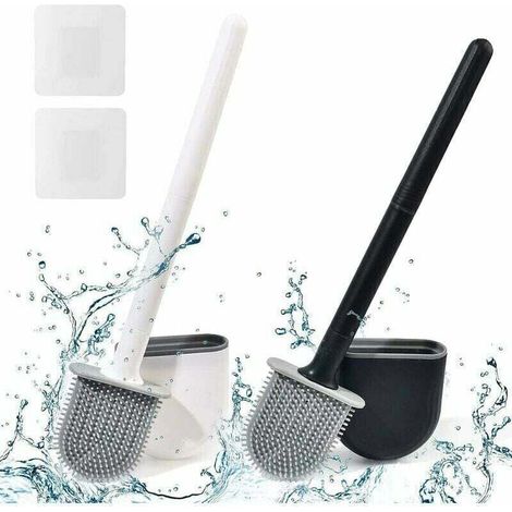 Flache Silikon-Toilettenbürste, 2er-Pack, Toilettenbürste mit Halter, Wand-Toilettenbürste, schwarz-weiße Silikon-Toilettenbürste