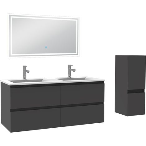 Ensemble meuble de salle de bain 120cm, vasque céramique + colonne bas + LED miroir rectangulaire, anthracite (1/5)