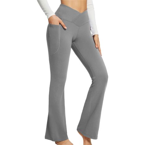 Pantalon Yoga Femme Taille Haute Coupe Moulante et Évasée Poche Externe Gris S (1/5)