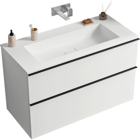 BERNSTEIN - Mueble lavabo suspendido MDF blanco mate, lavabo fundición blanco mate sin orificio grifería, tirador negro mate 100x46x62cm - LAVOA blanco mate, Negro mate, Blanco mate sin agujero para g