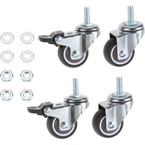 Set of 4 Furniture Castors 32 mm Small M6 x 15 mm with Thread, 2 Castors with Brake, 16 kg Per Roll (M6) (1/5)