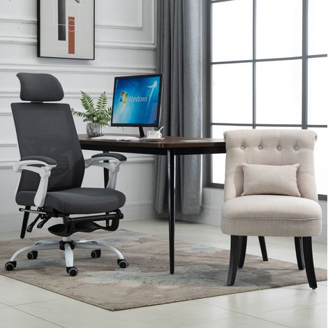 Fauteuil de relaxation 52.5x69x77 cm blanc crème en tissu aspect lin avec coussin lombaire déhoussable (1/5)